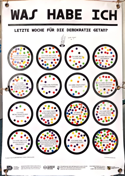Plakat mit Voting zu der Frage: "Was haben Sie letzte Woche für die Demokratie getan?"