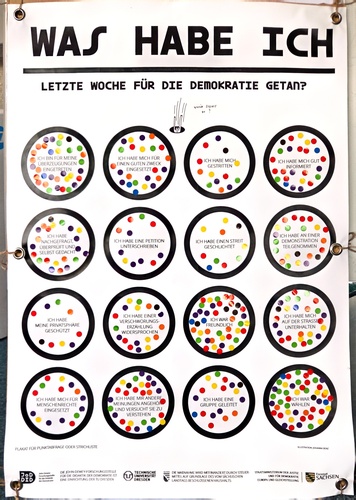 Plakat mit Voting zu der Frage: "Was haben Sie letzte Woche für die Demokratie getan?"