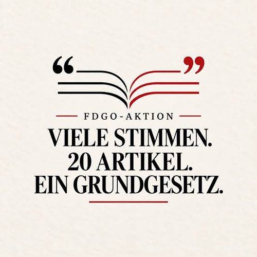 Grafik mit einer stilisierten Buchdarstellung, bestehend aus geschwungenen schwarzen und roten Linien mit Anführungszeichen. Darunter steht der Text: „FDGO-Aktion – Viele Stimmen. 20 Artikel. Ein Grundgesetz.“